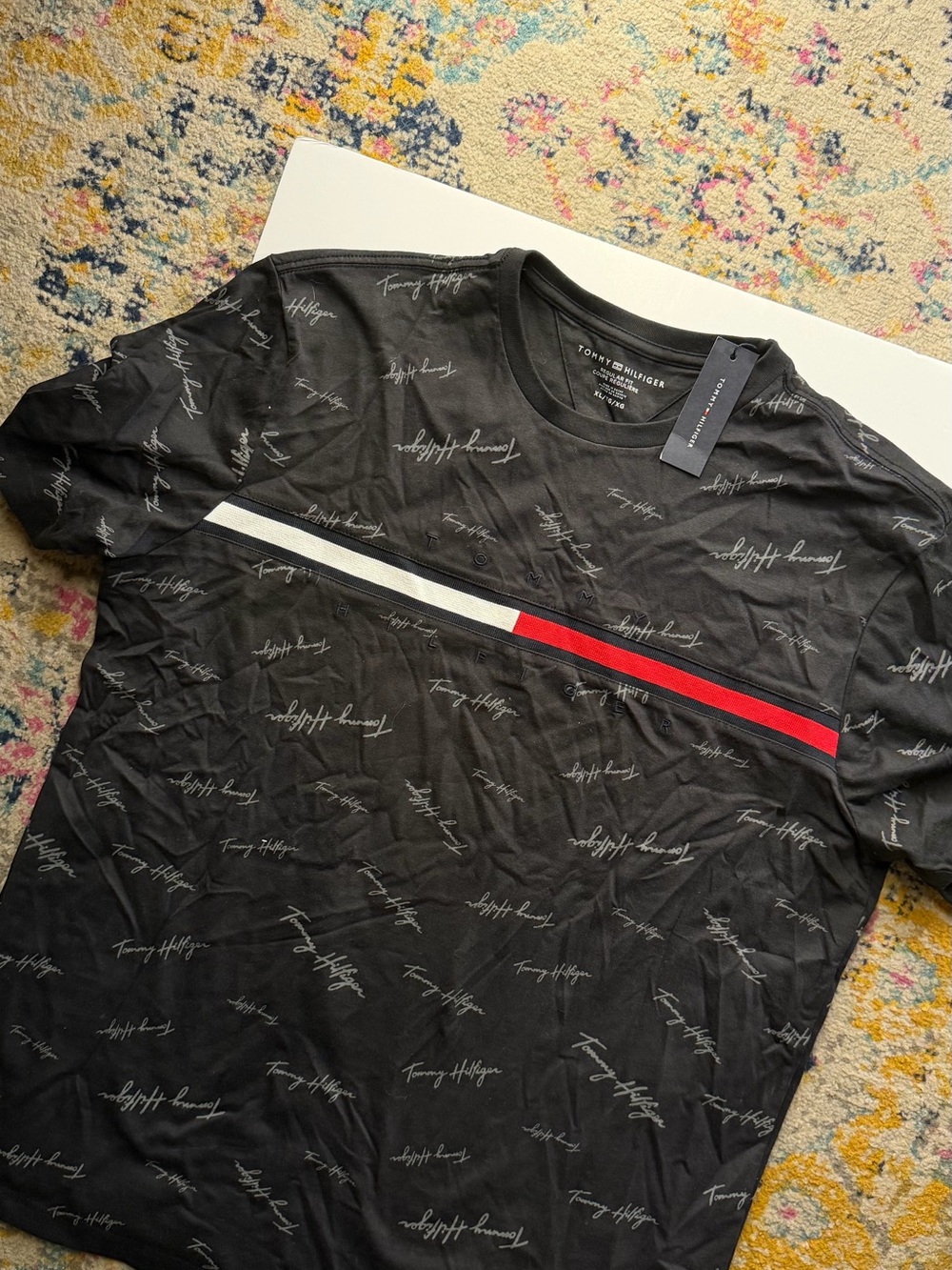 Tommy Hilfiger Black Logo-Print Crewneck Tee with White and Red Stripe